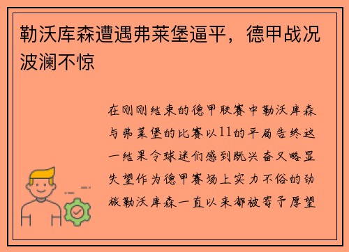 勒沃库森遭遇弗莱堡逼平，德甲战况波澜不惊