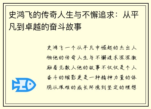 史鸿飞的传奇人生与不懈追求：从平凡到卓越的奋斗故事